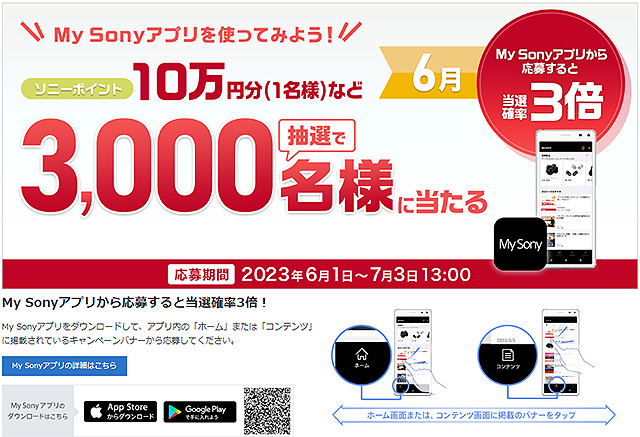 ソニーポイント10万円など総勢3,000名様にプレゼント！　6月の『My Sony IDキャンペーン』開始！　My Sonyアプリからの応募で当選確率3倍！