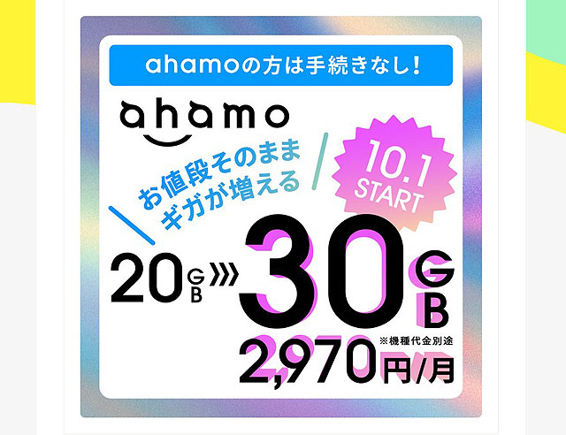 ahamoが10月1日より容量30GBへ大増量　月額2,970円のままで使えるサービスへ