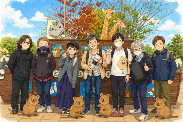 クオッカ撮影会に参加したメンバーをアニメ風に描いた集合イラストと足元のクオッカたち