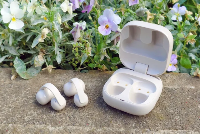 花壇の前で撮影したソニー LinkBuds Clip ホワイトの長期レビュー用写真