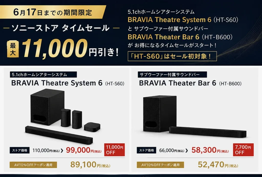 最大11,000円OFF】HT-S60とHT-B600が6月17日までタイムセール突入