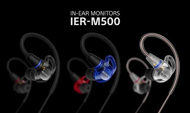 ソニーのインイヤーモニター IER-M500 ブラック、レッド&ブルー、クリアの3色